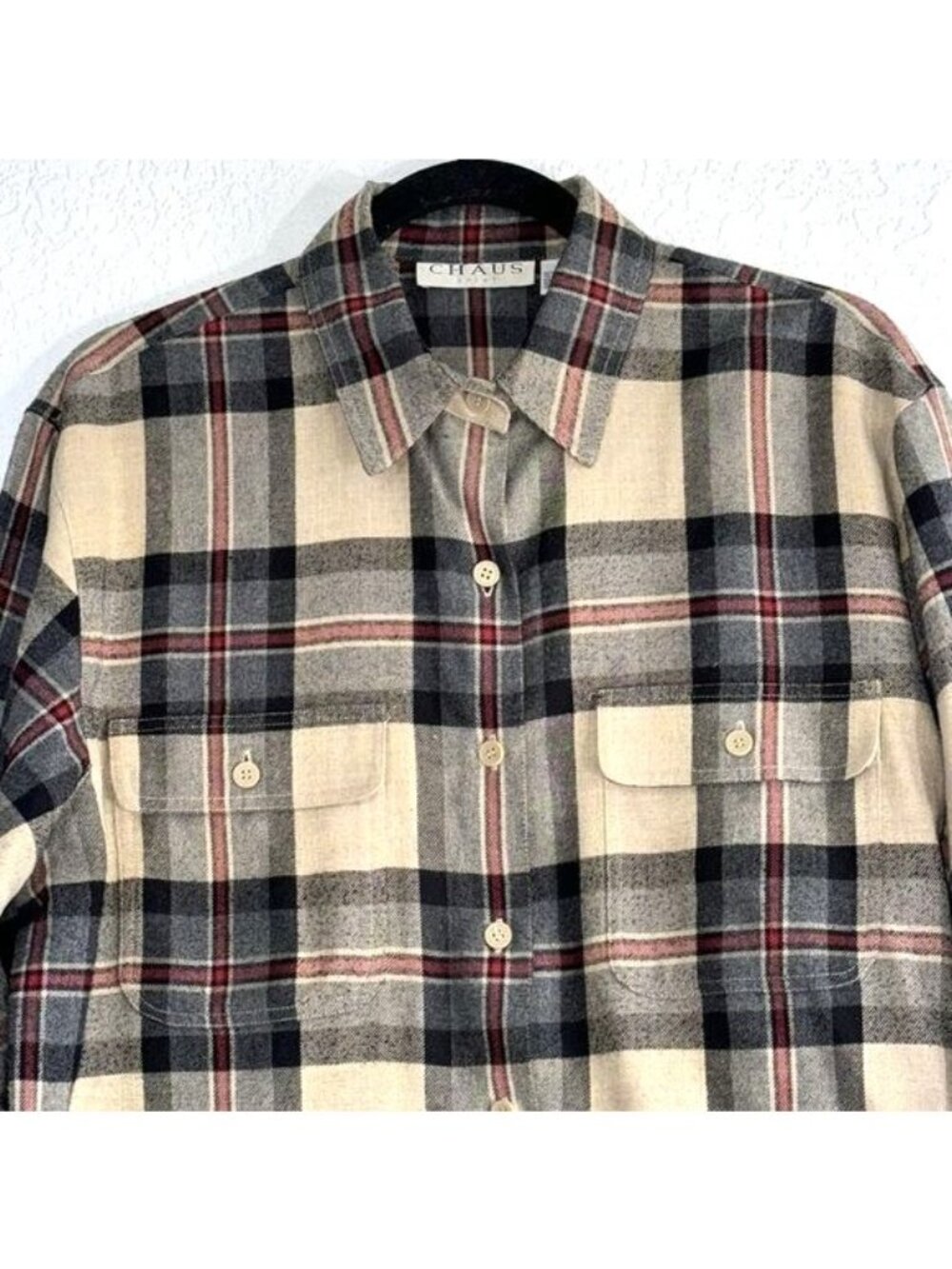 Chaus Sport Plaid Long Sleeve Button-Up Shirt Beige/Black Size 10 - Picture 2 of 7